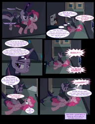 Size: 1042x1358 | Tagged: safe, artist:dendoctor, derpibooru import, mean twilight sparkle, pinkie pie, twilight sparkle, twilight sparkle (alicorn), alicorn, earth pony, pony, comic:clone.., alternate universe, clone, clothes, comic, female, glow, glowing horn, horn, image, injured, jpeg, magic, pinkie clone, rain