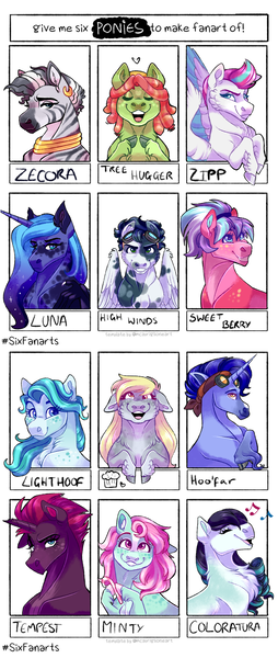 Size: 1080x2550 | Tagged: safe, artist:uunicornicc, derpibooru import, coloratura, derpy hooves, high winds, hoo'far, lighthoof, minty, princess luna, sweet berry, tempest shadow, tree hugger, zecora, zipp storm, alicorn, earth pony, pegasus, pony, saddle arabian, unicorn, zebra, g5, image, png