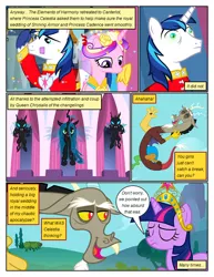 Size: 612x792 | Tagged: safe, derpibooru import, edit, edited screencap, screencap, discord, princess cadance, queen chrysalis, shining armor, twilight sparkle, alicorn, changeling, changeling queen, dragon, pony, comic:friendship is dragons, a canterlot wedding, big crown thingy, bust, clothes, comic, element of magic, eyelashes, female, image, jewelry, laughing, male, mare, mind control, png, regalia, salute, screencap comic, stallion, unshorn fetlocks, wide eyes