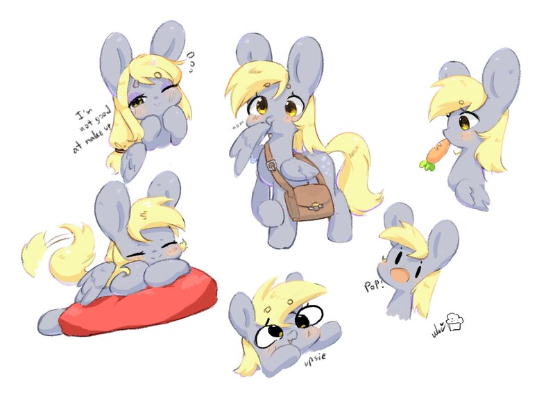 Size: 2048x1448 | Tagged: safe, artist:ukipony, derpibooru import, derpy hooves, pegasus, pony, bag, blushing, carrot, cute, derpabetes, eyes closed, eyeshadow, female, food, image, jpeg, makeup, mare, nom, open mouth, pillow, raised hoof, saddle bag, simple background, solo, upsies, white background