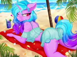 Size: 2600x1923 | Tagged: suggestive, artist:stainedglasslighthea, derpibooru import, izzy moonbow, anthro, unicorn, :p, ass, beach, beach ball, bikini, blanket, butt, clothes, commission, drink, female, flower, g5, heart, image, looking at you, looking back, looking back at you, ocean, one eye closed, palm tree, png, signature, solo, solo female, swimsuit, tongue out, tree, water, wink, ych example, your character here