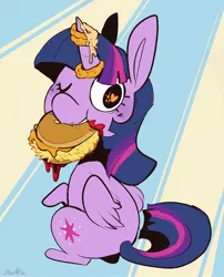 Size: 1669x2068 | Tagged: safe, artist:urbanqhoul, derpibooru import, twilight sparkle, twilight sparkle (alicorn), alicorn, pony, burger, female, food, hay burger, heart eyes, image, jpeg, looking at you, looking back, looking back at you, mare, mouth hold, one eye closed, sitting, solo, that pony sure does love burgers, twilight burgkle, wingding eyes