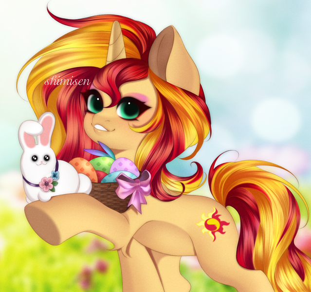 Size: 1800x1691 | Tagged: safe, artist:shimisen, derpibooru import, sunset shimmer, pony, rabbit, unicorn, animal, basket, easter, easter basket, easter egg, female, field, flower, holiday, image, mare, png, signature, smiling