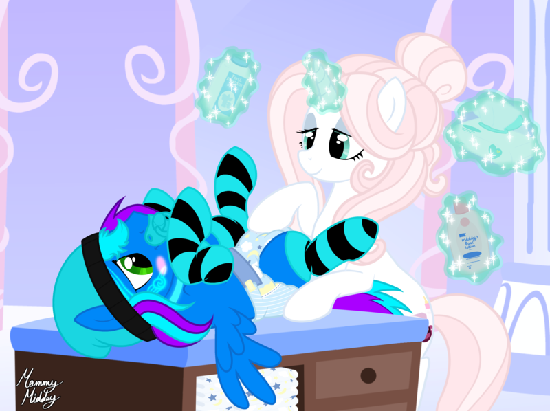 Size: 2194x1640 | Tagged: questionable, artist:mommymidday, derpibooru import, oc, oc:mommy midday, oc:shadow glare, unofficial characters only, pegasus, pony, unicorn, abdl, adult diaper, adult foal, baby powder, baby wipes, beanie, changing mat, changing table, clothes, commission, diaper, diaper change, diaper fetish, duo, eyeshadow, fetish, hat, horn, image, lotion, lying down, magic, magic aura, makeup, on back, pacifier, pegasus oc, png, poofy diaper, show accurate, show accurate porn, socks, spread wings, telekinesis, unicorn oc, wings