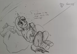 Size: 2048x1439 | Tagged: safe, artist:pony quarantine, derpibooru import, oc, oc:germy, unofficial characters only, pony, unicorn, bag, blind eye, bottle, cold, female, grayscale, homeless, image, jpeg, mare, monochrome, pencil drawing, sad, solo, traditional art, trash bag