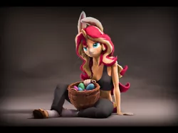 Size: 8000x6000 | Tagged: safe, artist:imafutureguitarhero, derpibooru import, sunset shimmer, anthro, hybrid, original species, pony, rabbit, unguligrade anthro, unicorn, art pack:eggy easter 2022, 3d, 4:3, absurd resolution, animal, arm fluff, arm freckles, basket, black bars, body freckles, bunnified, bunny ears, cargo pants, cheek fluff, chromatic aberration, clothes, cloven hooves, colored eyebrows, colored eyelashes, ear fluff, easter, easter basket, easter egg, egg, female, film grain, fluffy, fluffy mane, freckles, fur, holiday, hoof fluff, horn, image, jpeg, leg wraps, long hair, long mane, mare, multicolored hair, multicolored mane, multicolored tail, nose wrinkle, paintover, pants, peppered bacon, rabbit pony, revamped anthros, revamped ponies, short shirt, signature, sitting, solo, source filmmaker, species swap, sunset shimmer is not amused, tail, tanktop, unamused, unshorn fetlocks, wall of tags, whiskers