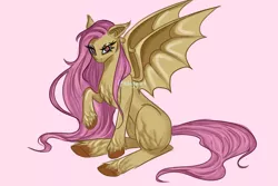 Size: 1500x1000 | Tagged: safe, artist:sluggirl, derpibooru import, fluttershy, bat pony, pegasus, pony, bats!, bat ponified, chest fluff, cute, ear fluff, flutterbat, hooves, image, long hair, long mane, long tail, png, race swap, raised hoof, sitting, solo, sparkly eyes, spread wings, tail, tall, wingding eyes, wings