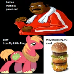 Size: 360x360 | Tagged: safe, big macintosh, earth pony, human, pony, 1000 hours in ms paint, big mac (burger), burger, comparison, food, hamburger, image, png, punch out, text