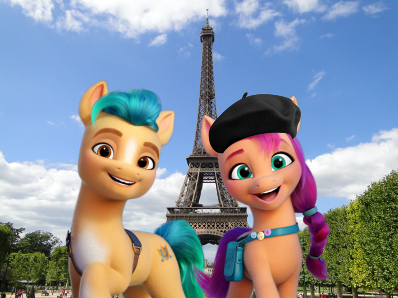 Size: 1920x1440 | Tagged: safe, artist:a-new-generation-in-real-life fan, derpibooru import, hitch trailblazer, sunny starscout, earth pony, pony, my little pony: a new generation, bag, beret, duo, eiffel tower, female, france, g5, hat, image, irl, looking at you, male, mare, open mouth, open smile, paris, photo, png, ponies in real life, saddle bag, smiling, stallion, story included