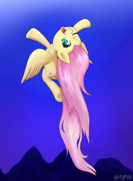 Size: 880x1200 | Tagged: safe, artist:empyu, derpibooru import, fluttershy, pegasus, pony, flying, image, looking at you, looking back, looking back at you, one eye closed, open mouth, open smile, png, smiling, solo, upside down