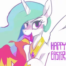 Size: 1250x1250 | Tagged: safe, artist:baigak, derpibooru import, philomena, princess celestia, alicorn, phoenix, pony, blushing, duo, easter, female, happy easter, holiday, image, jpeg, mare, open mouth, open smile, simple background, smiling, spread wings, tongue out, white background, wings