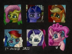 Size: 2478x1877 | Tagged: safe, artist:myzanil, derpibooru import, applejack, fluttershy, pinkie pie, rainbow dash, rarity, twilight sparkle, alicorn, earth pony, pegasus, pony, unicorn, barn, book, bookshelf, breaking the fourth wall, bust, cloud, colored pencil drawing, curtains, image, jpeg, looking at you, looking to side, mane six, portrait, sky, smiling, text, traditional art, vine