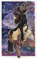 Size: 1784x2871 | Tagged: safe, artist:pessadie, derpibooru import, oc, unofficial characters only, deer, deer pony, original species, pony, image, jpeg, rearing, solo, traditional art, unshorn fetlocks