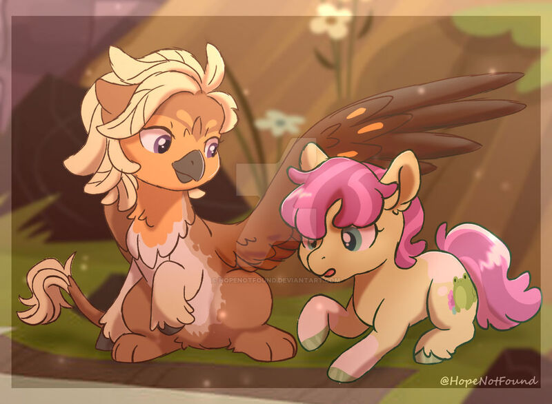 Size: 1024x750 | Tagged: safe, artist:hopenotfound, derpibooru import, oc, oc:amethyst, oc:autumn breeze, unofficial characters only, hippogriff, pony, female, filly, foal, image, interspecies offspring, jpeg, magical lesbian spawn, offspring, parent:apple bloom, parent:diamond tiara, parent:gabby, parent:scootaloo, parents:diamondbloom, parents:gabbyloo