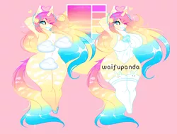 Size: 2650x2000 | Tagged: suggestive, artist:waifupanda, derpibooru import, oc, unofficial characters only, anthro, unguligrade anthro, unicorn, arm behind head, censored, clothes, cloud, duo, eyelashes, horn, image, multicolored hair, nail polish, one eye closed, png, rainbow hair, reference sheet, smiling, socks, unicorn oc, wink