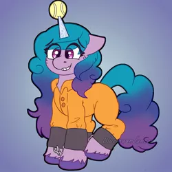 Size: 1640x1639 | Tagged: safe, artist:bluemoon, derpibooru import, izzy moonbow, ball, bound wings, clothes, cuffs, cute, g5, grin, horn, hornball, image, izzy's tennis ball, izzybetes, jpeg, nervous, nervous grin, prison outfit, prisoner, shackles, smiling, solo, tennis ball, wings