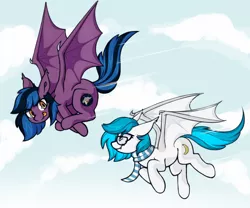 Size: 700x583 | Tagged: artist needed, safe, derpibooru import, oc, oc:stormy night, oc:xenia amata, bat pony, bat wings, flying, image, looking at each other, looking at someone, png, race, wings