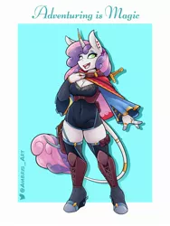 Size: 1800x2400 | Tagged: safe, artist:ambris, derpibooru import, sweetie belle, anthro, classical unicorn, unguligrade anthro, unicorn, adventuring is magic, alternate hairstyle, bard, belt, boots, breasts, cape, cleavage, clothes, cloven hooves, cute, diasweetes, dungeons and dragons, ear piercing, earring, eyeshadow, fantasy class, female, hoof boots, horn, horn ring, image, jewelry, jpeg, leonine tail, makeup, minidress, older, older sweetie belle, one eye closed, pen and paper rpg, piercing, ring, rpg, shirt, shoes, socks, solo, stockings, sword, tail, thigh boots, thigh highs, unshorn fetlocks, weapon, wink, zettai ryouiki