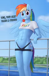 Size: 2600x4000 | Tagged: suggestive, artist:irisarco, derpibooru import, rainbow dash, anthro, pegasus, abs, belly button, breasts, clothes, cloud, cutie mark, day, ear fluff, erect nipples, female, fence, grin, image, leaning back, looking at you, nipple outline, outdoors, png, pubic fluff, short shirt, shorts, skimpy outfit, sky, small breasts, smiling, solo, sports outfit, spread wings, standing, tail, talking to viewer, text, water, watermark, wings