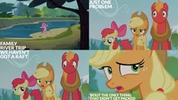 Size: 1280x720 | Tagged: safe, derpibooru import, edit, edited screencap, editor:quoterific, screencap, apple bloom, applejack, big macintosh, pinkie pie, earth pony, pony, pinkie apple pie, season 4, apple bloom's bow, applejack's hat, bipedal, bow, cowboy hat, female, filly, foal, hair bow, hat, image, male, mare, nose in the air, open mouth, open smile, png, smiling, stallion, text, uvula, volumetric mouth