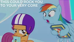 Size: 1280x720 | Tagged: safe, derpibooru import, edit, edited screencap, editor:quoterific, screencap, rainbow dash, scootaloo, pegasus, pony, parental glideance, season 7, bag, book, duo, female, filly, flying, foal, helmet, image, jpeg, mare, open mouth, saddle bag, spread wings, text, wings