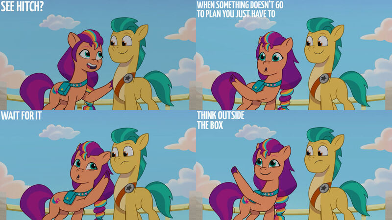 Size: 1280x720 | Tagged: safe, derpibooru import, edit, edited screencap, editor:quoterific, screencap, hitch trailblazer, sunny starscout, earth pony, pony, my little pony: tell your tale, the unboxing of izzy, spoiler:g5, spoiler:my little pony: tell your tale, spoiler:tyts01e06, :o, duo, female, g5, image, jpeg, male, mare, open mouth, open smile, pun, smiling, stallion, text