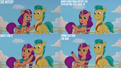 Size: 1280x720 | Tagged: safe, derpibooru import, edit, edited screencap, editor:quoterific, screencap, hitch trailblazer, sunny starscout, earth pony, pony, my little pony: tell your tale, the unboxing of izzy, spoiler:g5, spoiler:my little pony: tell your tale, spoiler:tyts01e06, :o, duo, female, g5, image, jpeg, male, mare, open mouth, open smile, pun, smiling, stallion, text