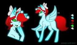 Size: 1991x1157 | Tagged: safe, artist:potato-with-beer, derpibooru import, oc, oc:cherry burst, original species, antennae, bow, bust, fluffy, full body, genderfluid, glow, glowbug, glowbug wings, glowing antennae, glowing eyes, glowing hooves, glowing mane, glowing tail, green eyes, hair bow, image, nonbinary, png, portrait, reference sheet, tail