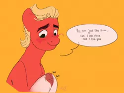 Size: 1280x960 | Tagged: safe, artist:latiatonta, derpibooru import, sprout cloverleaf, earth pony, pony, blushing, dialogue, g5, image, jpeg, male, solo, speech bubble, stallion, tapping