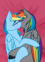 Size: 662x900 | Tagged: suggestive, artist:aepp, derpibooru import, rainbow dash, oc, oc:dark rainbow, pegasus, pony, bed, blushing, canon x oc, commission, cuddling, darsh, eyes closed, female, image, jpeg, kissing, male, mare, pegasus oc, sexy, stallion, straight, wings, ych result