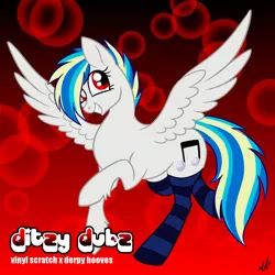 Size: 1500x1500 | Tagged: safe, artist:mechanakal, derpibooru import, derpy hooves, vinyl scratch, oc, oc:ditzy dubz, unofficial characters only, pegasus, clothes, cutie mark fusion, female, flying, gradient background, image, multicolored mane, multicolored tail, pegasus oc, png, raised hoof, smiling, socks, solo, spread wings, stockings, tail, text, thigh highs, unshorn fetlocks, wings