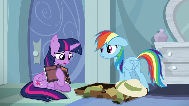 Size: 1280x720 | Tagged: safe, derpibooru import, screencap, rainbow dash, twilight sparkle, twilight sparkle (alicorn), alicorn, pony, stranger than fan fiction, book, image, png, safari hat, suitcase