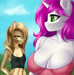 Size: 2018x2048 | Tagged: suggestive, artist:yutakira92, derpibooru import, oc, unofficial characters only, anthro, earth pony, unicorn, big breasts, breast envy, breasts, cleavage, clothes, envy, female, females only, glasses, image, jpeg, midriff, small breasts, smiling, tanktop