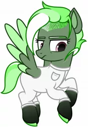 Size: 1368x1960 | Tagged: safe, artist:dancingkinfiend, derpibooru import, oc, oc:virulent conveyance, unofficial characters only, pegasus, pony, fanfic:pegasus device, fanfic:rainbow factory, base, base used, caption, clothes, coat markings, colored hooves, colored wings, derpibooru exclusive, fanfic art, female, flying, g4, green fur, hooves, image, image macro, jpeg, lab coat, mare, multicolored hair, pegasus device, pegasus oc, scar, shaved mane, short hair, short mane, short tail, simple background, socks (coat marking), solo, solo female, spread wings, suit, tail, text, wings