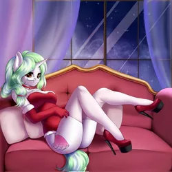 Size: 1024x1024 | Tagged: suggestive, artist:yutakira92, derpibooru import, oc, unofficial characters only, anthro, unicorn, ass, butt, choker, clothes, couch, curtains, evening gloves, female, glasses, gloves, high heels, image, jpeg, leotard, lidded eyes, long gloves, looking at you, pillow, shoes, smiling, socks, solo, solo female, stars, stockings, thigh highs, window