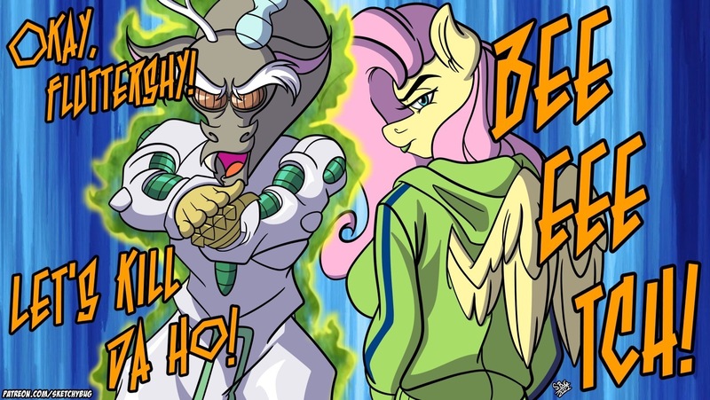 Size: 1650x930 | Tagged: safe, artist:sketchybug, derpibooru import, discord, fluttershy, anthro, anime, crossover, diamond is unbreakable, female, image, jojo pose, jojo reference, jojo's bizarre adventure, jpeg, lipstick, looking at you, looking back, makeup, male, text, wings