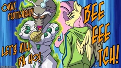 Size: 1650x930 | Tagged: safe, artist:sketchybug, derpibooru import, discord, fluttershy, anthro, anime, crossover, diamond is unbreakable, female, image, jojo pose, jojo reference, jojo's bizarre adventure, jpeg, lipstick, looking at you, looking back, makeup, male, text, wings