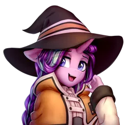 Size: 1809x1764 | Tagged: safe, artist:setharu, derpibooru import, starlight glimmer, anthro, pony, unicorn, braid, bust, clothes, collaboration, collaboration:choose your starlight, cosplay, costume, crossover, cute, female, hand, hat, horn, image, mare, png, portrait, simple background, solo, transparent background