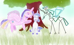 Size: 1748x1080 | Tagged: safe, artist:kujivunia, derpibooru import, princess cadance, queen chrysalis, shining armor, alicorn, pony, unicorn, angry, blushing, canterlot wedding 10th anniversary, experiment, forked tongue, grass, image, kiddo painting, png, quarrel, screaming, sitting, sky, tree