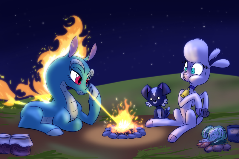 Size: 1800x1200 | Tagged: safe, artist:redahfuhrerking, derpibooru import, dog, dragon, hybrid, longma, sheep, them's fightin' herds, community related, fire, image, night, png, pom (tfh), tianhuo (tfh)