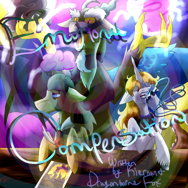 Size: 5800x5800 | Tagged: safe, artist:florarena-kitasatina/dragonborne fox, derpibooru import, discord, filthy rich, prince blueblood, fanfic:emotional compensation, absurd resolution, bags under eyes, balloon, balloon animal, biting, chaos, chocolate, chocolate rain, cover art, fire, food, hoof biting, hoof polish, image, lightning, paper, png, rain, shrunken pupils, signature, stormcloud, this will end in chaos, unshorn fetlocks, wat, watermark, wide eyes