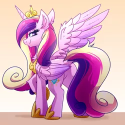 Size: 4000x4000 | Tagged: safe, artist:witchtaunter, derpibooru import, princess cadance, alicorn, pony, canterlot wedding 10th anniversary, chest fluff, commission, commissioner:reversalmushroom, crown, ear fluff, female, gradient background, image, jewelry, lidded eyes, looking at you, looking back, looking back at you, png, rear view, regalia, smiling, smiling at you, solo, solo female, wings