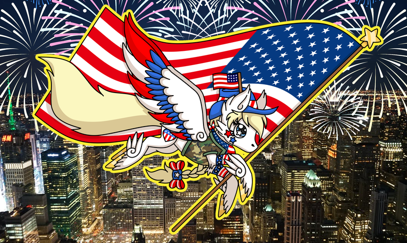 Size: 2844x1700 | Tagged: safe, derpibooru import, oc, oc:star spangle, pegasus, city, feathered fetlocks, feathered wings, fireworks, flag, g5, hat, image, nyc, png, retro, united states, wings