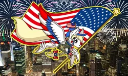 Size: 2844x1700 | Tagged: safe, derpibooru import, oc, oc:star spangle, pegasus, city, feathered fetlocks, feathered wings, fireworks, flag, g5, hat, image, nyc, png, retro, united states, wings