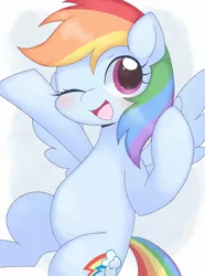 Size: 1523x2048 | Tagged: safe, artist:ginmaruxx, artist:kuzuyukuro, derpibooru import, rainbow dash, pegasus, pony, belly, blushing, cute, dashabetes, female, image, jpeg, looking at you, mare, one eye closed, open mouth, open smile, smiling, smiling at you, solo, wings, wink, winking at you