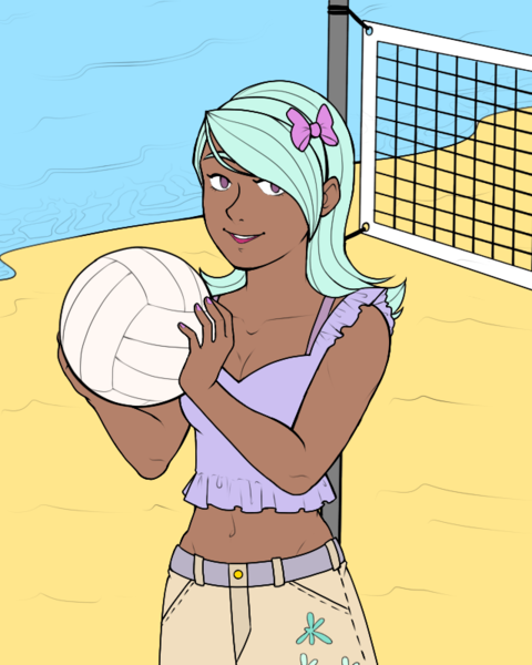 Size: 640x800 | Tagged: safe, artist:icicle-wicicle-1517, artist:toxiccolour, color edit, derpibooru import, edit, flitter, human, ball, beach, belly button, belt, bow, bra, bra strap, clothes, collaboration, colored, dark skin, female, hair bow, humanized, image, midriff, nail polish, net, ocean, open mouth, png, pole, sand, shorts, solo, sports, tanktop, underwear, volleyball, volleyball net, water