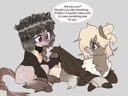 Size: 4000x3000 | Tagged: safe, artist:rirurirue, derpibooru import, oc, oc:boreal blanket, oc:bundle up, unofficial characters only, pony, taiga pony, clothes, coat, crossed hooves, dialogue, duo, female, fluffy, frog (hoof), gray background, hat, image, jpeg, lying down, mare, prone, simple background, sitting, speech bubble, sweater, turtleneck, underhoof, unshorn fetlocks, ushanka