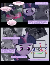 Size: 1042x1358 | Tagged: safe, artist:dendoctor, derpibooru import, mean twilight sparkle, pinkie pie, twilight sparkle, twilight sparkle (alicorn), alicorn, earth pony, pegasus, pony, unicorn, comic:clone.., alternate universe, clone, clothes, comic, crying, female, flashback, glow, glowing horn, horn, image, injured, jpeg, magic, monochrome, pinkie clone, rain, telekinesis, trash can