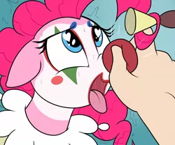Size: 1200x1000 | Tagged: suggestive, artist:datte-before-dawn, pinkie pie, earth pony, human, pony, ahegao, clown, clown nose, heart eyes, honk, image, jpeg, open mouth, sweat, tongue out, wingding eyes