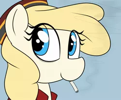 Size: 2000x1667 | Tagged: safe, artist:datte-before-dawn, oc, oc:belle hop, unofficial characters only, earth pony, pony, bags under eyes, bust, cigarette, clothes, cute, eye clipping through hair, female, hat, image, jpeg, mare, portrait, smiling, smoking, solo